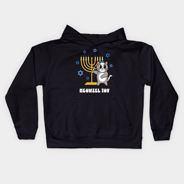 Meowzel Tov Funny Hanukkah Cat with Menorah Kids Hoodie by PUFFYP